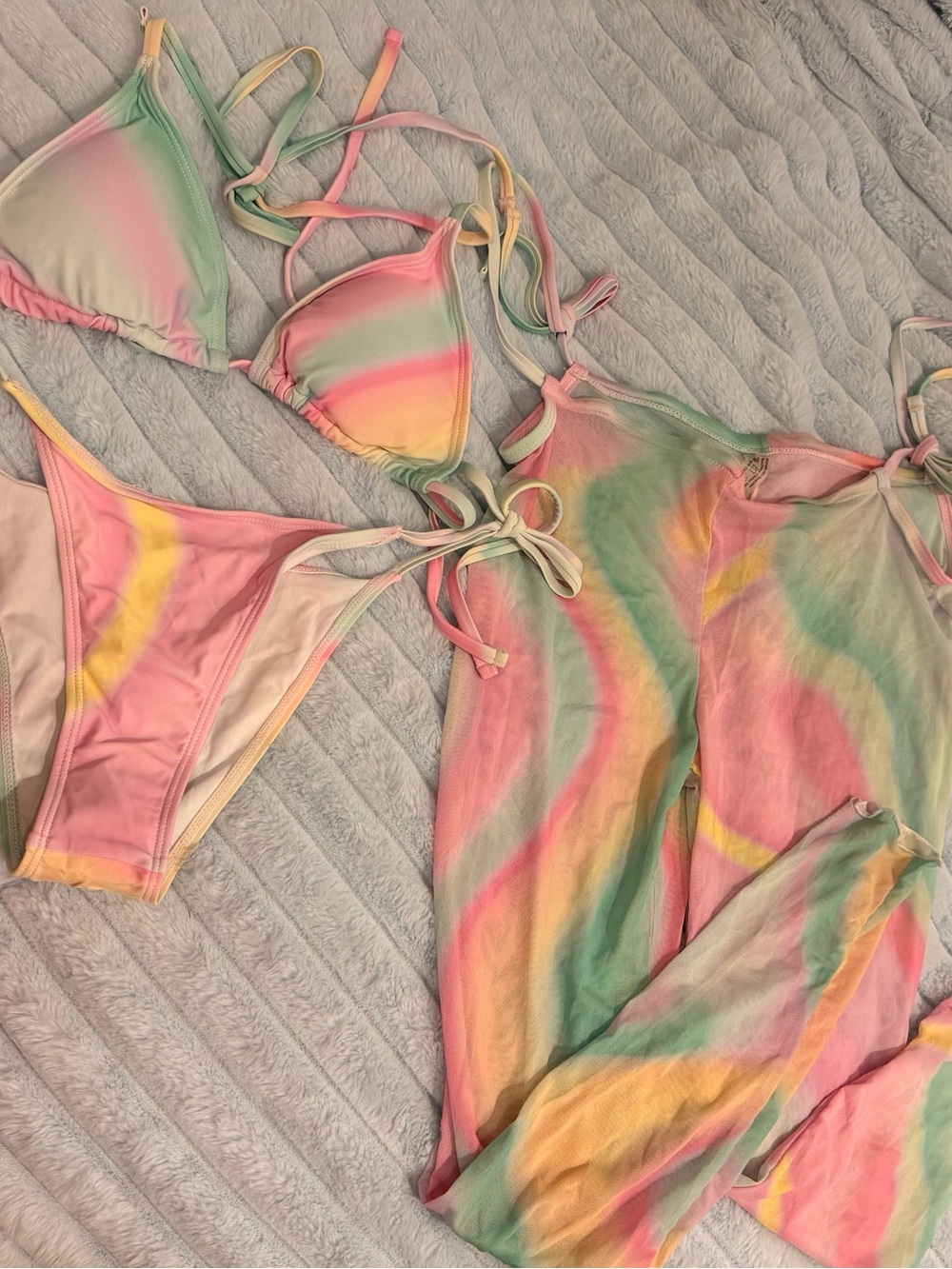 NEVER WORN adorable 3-piece pastel swim set with tie dye bikini and sheer pants